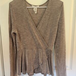 Tan Wrap Peplum Blouse with Long Sleeves